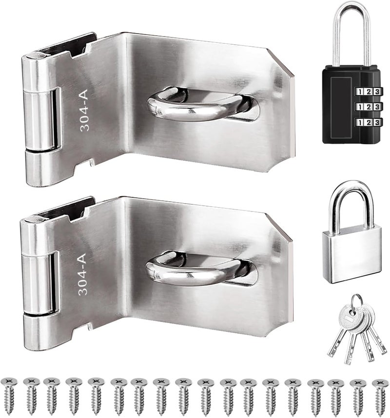 Sunxeke 4 Inch Door Locks Hasp Latch 90 Degree 2 Pack,304 Stainless Steel Safety Padlock Clasp Hasp Lock Latch with Combo Lock & Padlock,Heavy Duty Gate Latch Lock with Screws - Image 1